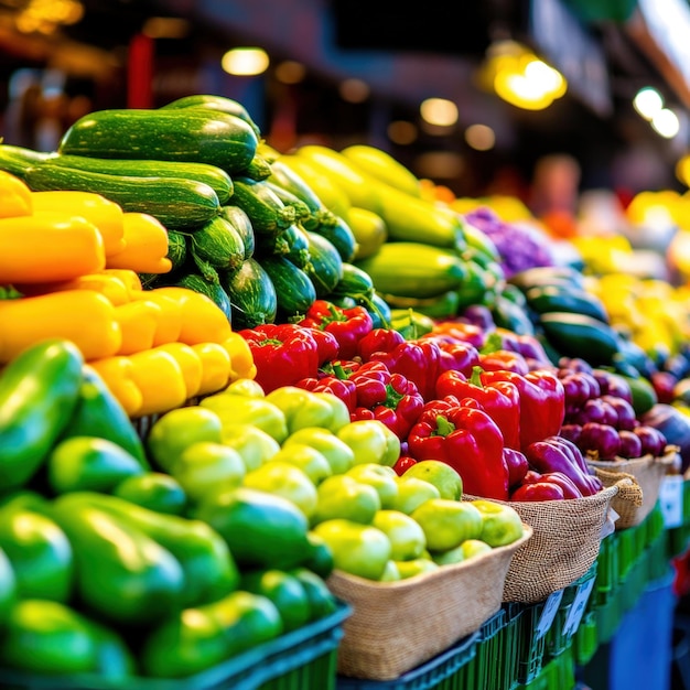 Photo vibrant display of fresh vegetables in a bustling market during midday sunshine