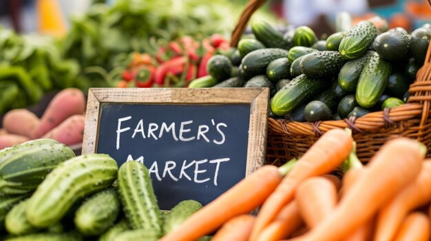 vibrant display of fresh vegetables at a farmers market with a sign stating FARMERS MARKET in the background showcasing a variety of produce available for sale