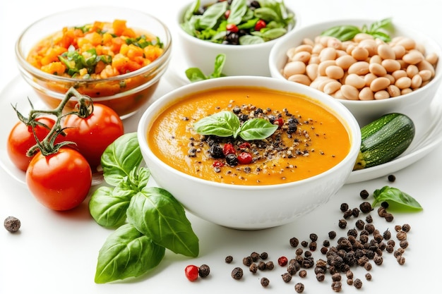 A vibrant display of healthy dishes including soup salad and vegetables