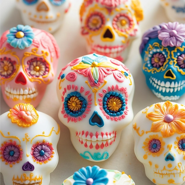 Photo a vibrant display of intricately decorated sugar skulls with colorful icing and edible embellishment