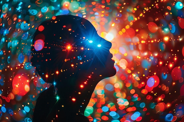 Photo a vibrant display of lights and colors emanating from a silhouette of a head