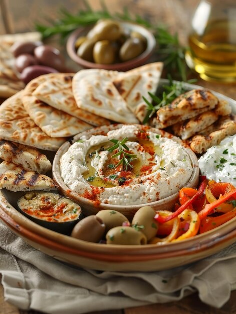 A vibrant display of Mediterranean appetizers including grilled flatbread olives and various dips