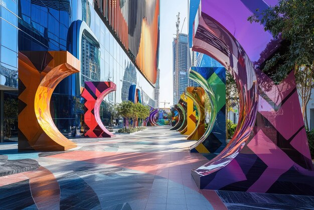 Photo a vibrant display of modern art installations in dubai design district showcases colorful sculptures and dynamic urban environment artistic elements create an engaging atmosphere for visitors