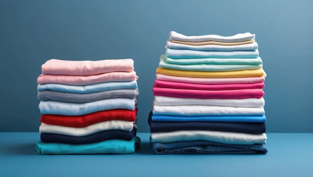 A vibrant display of neatly stacked shirts on a blue background