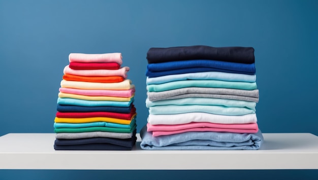 Photo a vibrant display of neatly stacked shirts on a blue background