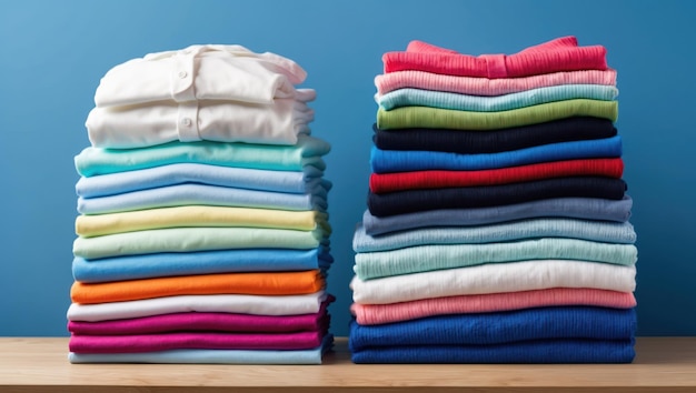 Photo a vibrant display of neatly stacked shirts on a blue background