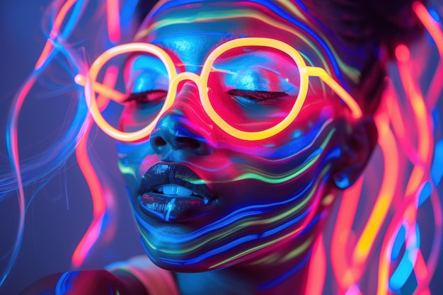 Photo a vibrant display of neon lights swirling around a womans face in an artistic fusion