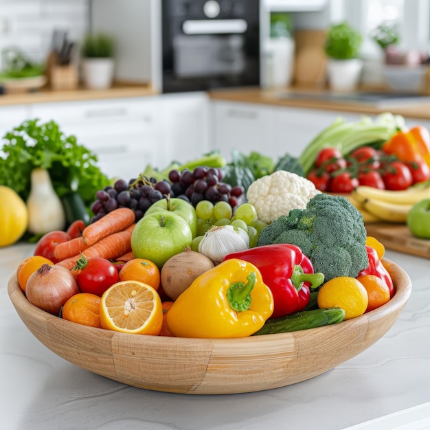 Vibrant Display of Nutritious Fruits and Vegetables on Kitchen Table with Selective Focus Healthy Ea