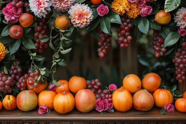 Photo a vibrant display of oranges flowers and grapes arranged beautifully at a festive event