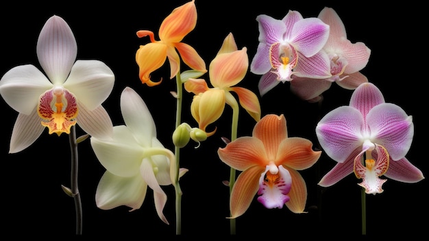 Vibrant display of orchids set against a dramatic black background