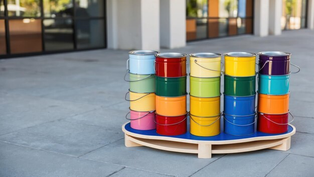 Photo a vibrant display of paint cans ideal for art and renovation concepts