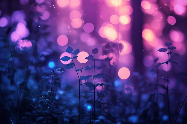 Photo a vibrant display of purple and blue bokeh lights shining through a forest at night illuminating delicate foliage