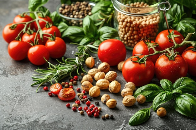 Vibrant display of ripe tomatoes aromatic herbs and assorted nuts on a rustic table