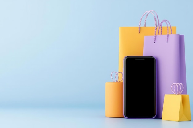 A vibrant display of shopping bags and a smartphone on a light blue background perfect for online shopping themes