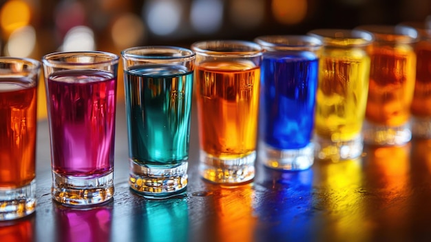 Photo vibrant display of shot glasses filled with various liqueurs on a bar counter