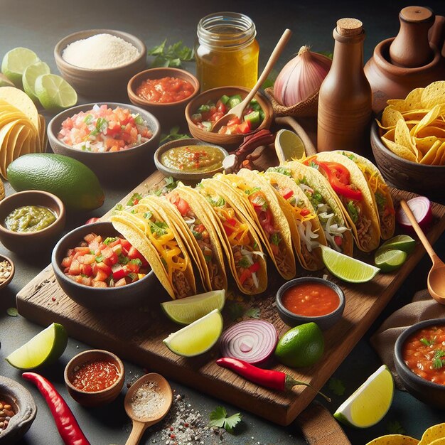 A Vibrant Display of Street Taco Experience with Tacos Salsas and Toppings in a Lively Atmosphere