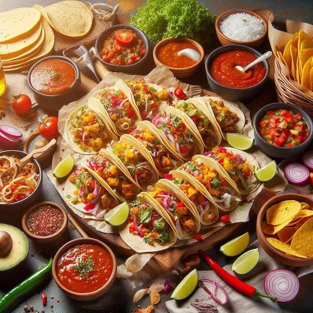 A Vibrant Display of Street Taco Experience with Tacos Salsas and Toppings in a Lively Atmosphere