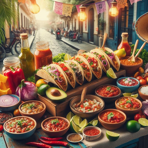 A Vibrant Display of Street Taco Experience with Tacos Salsas and Toppings in a Lively Atmosphere