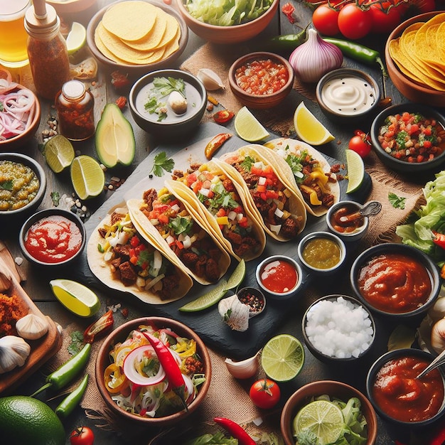 A Vibrant Display of Street Taco Experience with Tacos Salsas and Toppings in a Lively Atmosphere