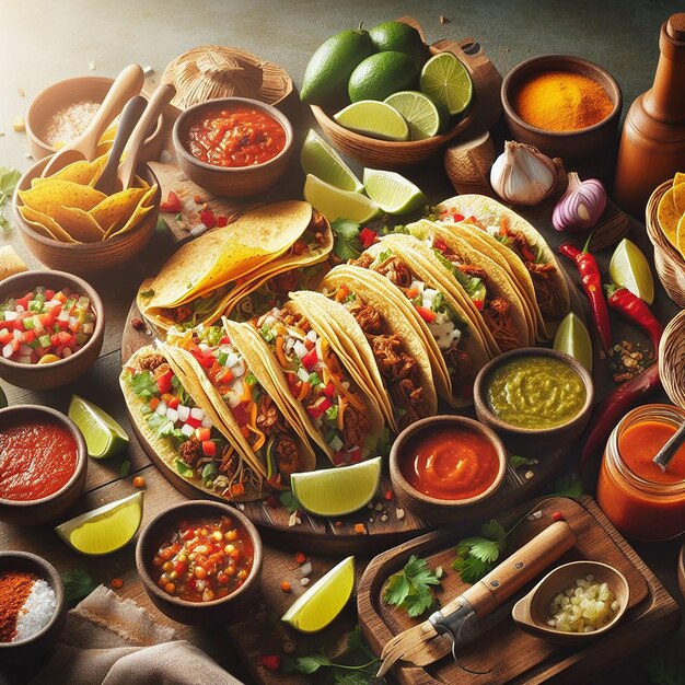 A Vibrant Display of Street Taco Experience with Tacos Salsas and Toppings in a Lively Atmosphere