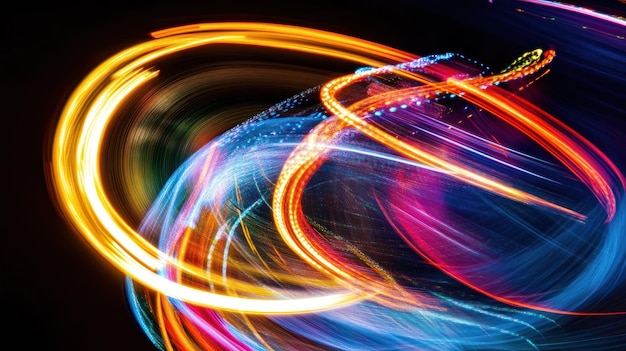 Photo a vibrant display of swirling light trails against a dark background creating dynamic patterns