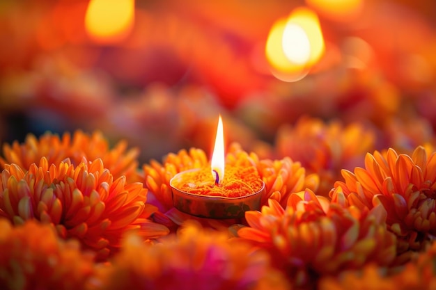 Vibrant diwali celebration candle among flowers