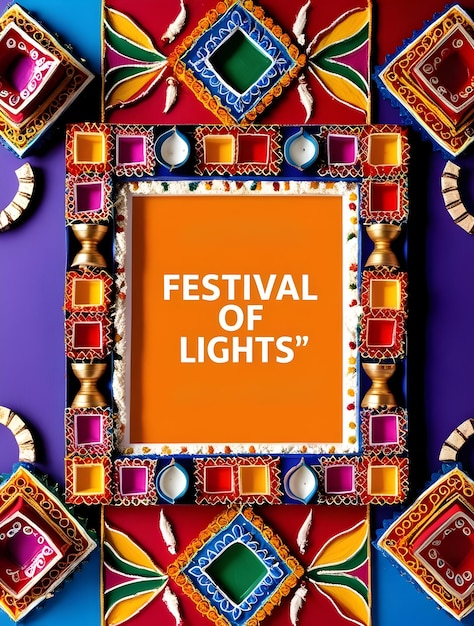 Vibrant Diwali Diyas and Intricate Rangoli Patterns Framing a Colorful Copy Space with Festival of