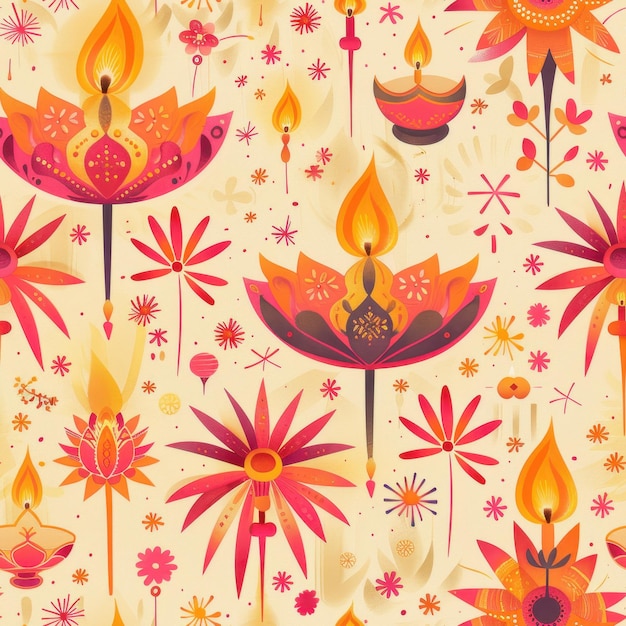 Photo vibrant diwali elements seamless pattern with diyas and rangoli