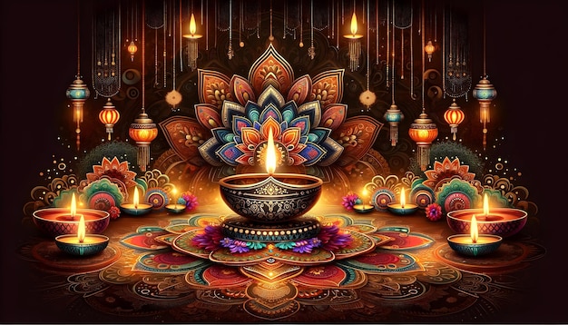 Vibrant Diwali scene with glowing diyas intricate mandalas and ornate lanterns in a dark symmetri