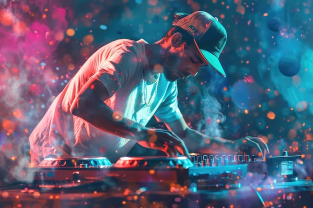 Photo vibrant dj performing in a club with colorful lights and fog creating an energetic atmosphere aig