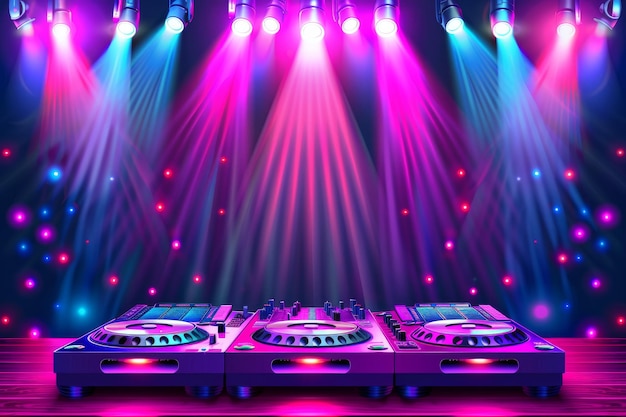 Vibrant DJ Setup with Dual Mixing Decks Colorful Lights and Smoke Effects in a High Energy Concert