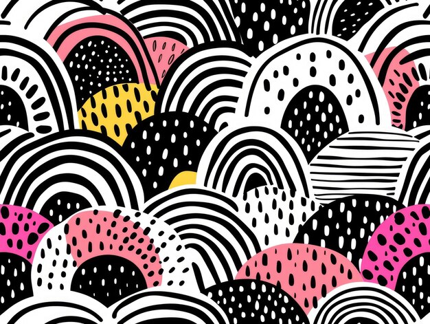 Photo vibrant doodle abstract patterns with repeating geometric motifs in contrasting colors creating a lively contemporary and playful digital background or wallpaper design