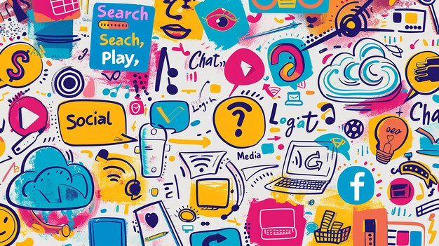 Photo vibrant doodle art of digital life and social media icons