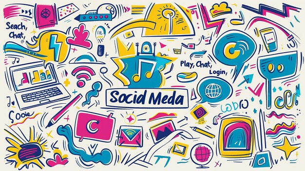 Photo vibrant doodle art of digital life and social media icons