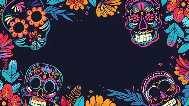 Vibrant Doodle Skull and Floral Border Design for Dia de los Muertos or Carnival Party