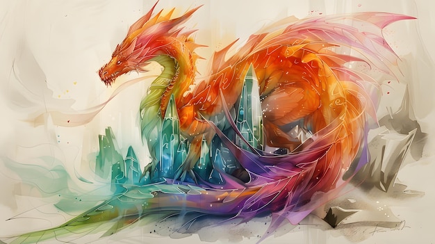 Vibrant Dragon and Crystals Fantasy Artwork Generative AI