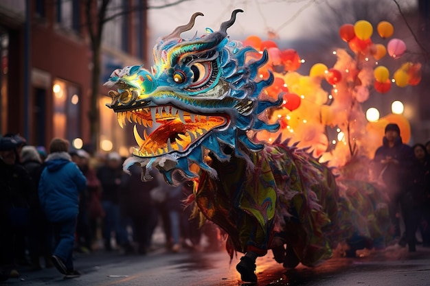 Photo vibrant dragon dance performance in streets for chinese new year