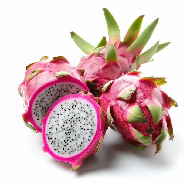 A vibrant dragon fruit cut in half showcasing its white flesh and black seeds