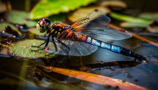 Vibrant dragonfly rests on wet leaf in tropical rainforest generated by artificial intelligence