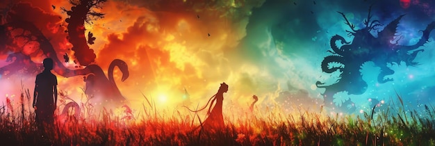 Vibrant and dreamlike digital of a magical meadow with rainbowcolored skiesdouble exposure effectsand fantastical silhouetted creatures in the foreground