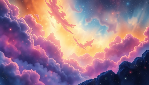 Photo a vibrant and dreamy landscape of pink and purple clouds against a starry sky