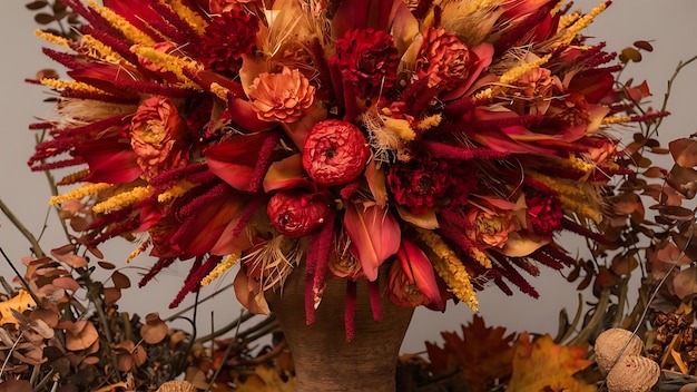 Vibrant dried flower arrangement in red and yellow