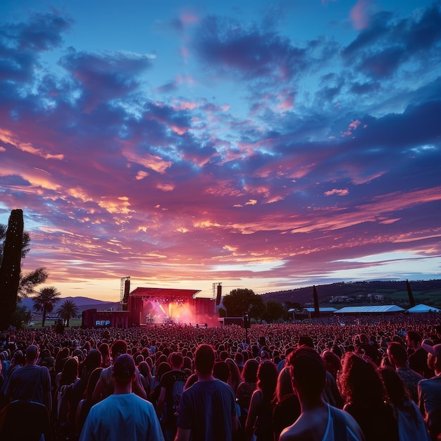 Vibrant dusk sky over an outdoor concert with a large audience