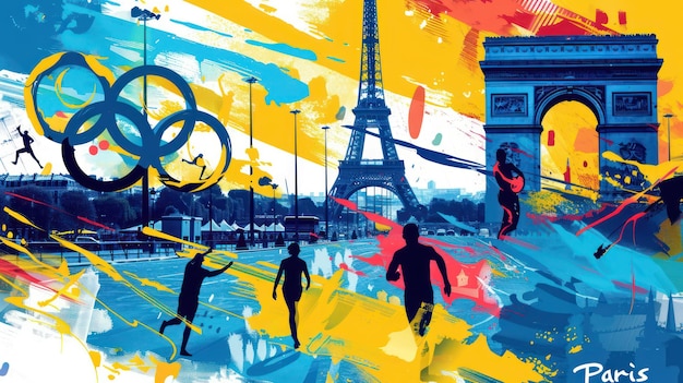 Vibrant and dynamic banner for the Olympic Games in Paris 2024 featuring iconic Parisian landmarks and energetic representations of Olympic sports