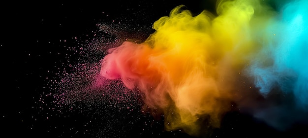 vibrant and dynamic holi colored powder exploding in motion against a dark background