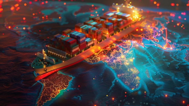 A vibrant dynamic shot of a container ship navigating through a digital map highlighting the global trade and shipping routes