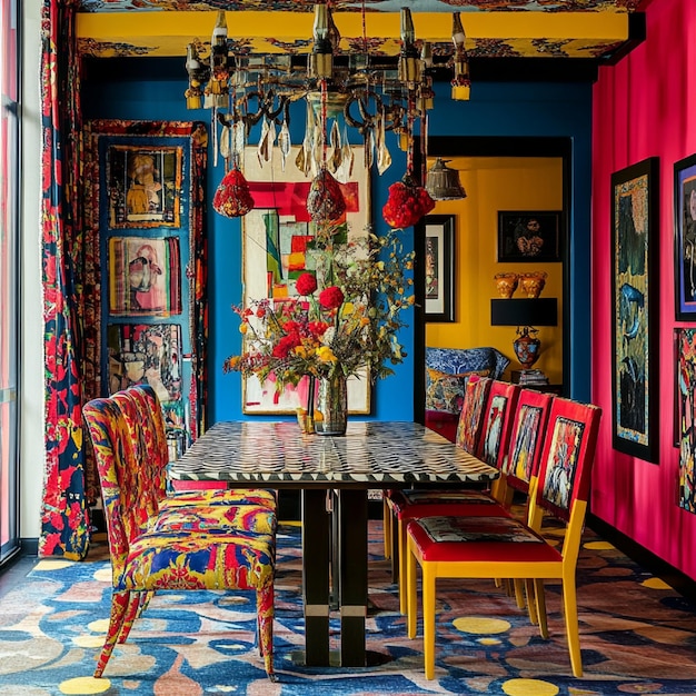 A vibrant eclectic dining room with bold patterns and a mix of textures