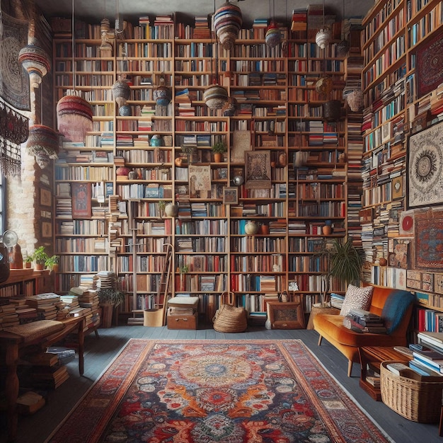 A vibrant and eclectic home library overflowing with books