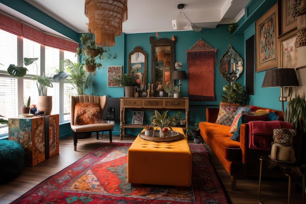 Vibrant and eclectic interior with retro elements and bohemian flair