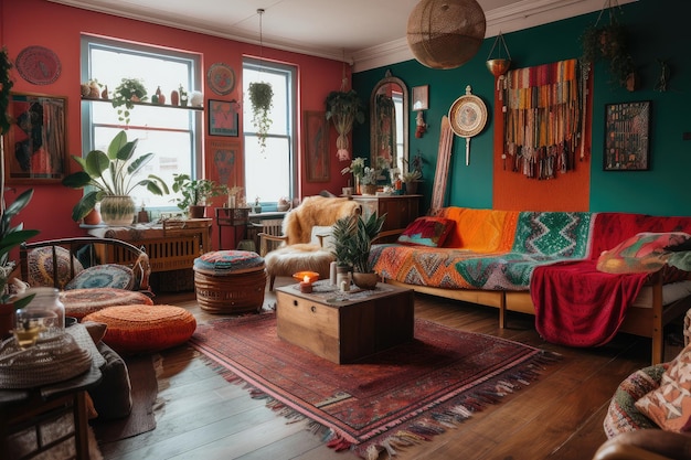 Vibrant and eclectic interior with retro elements and bohemian flair